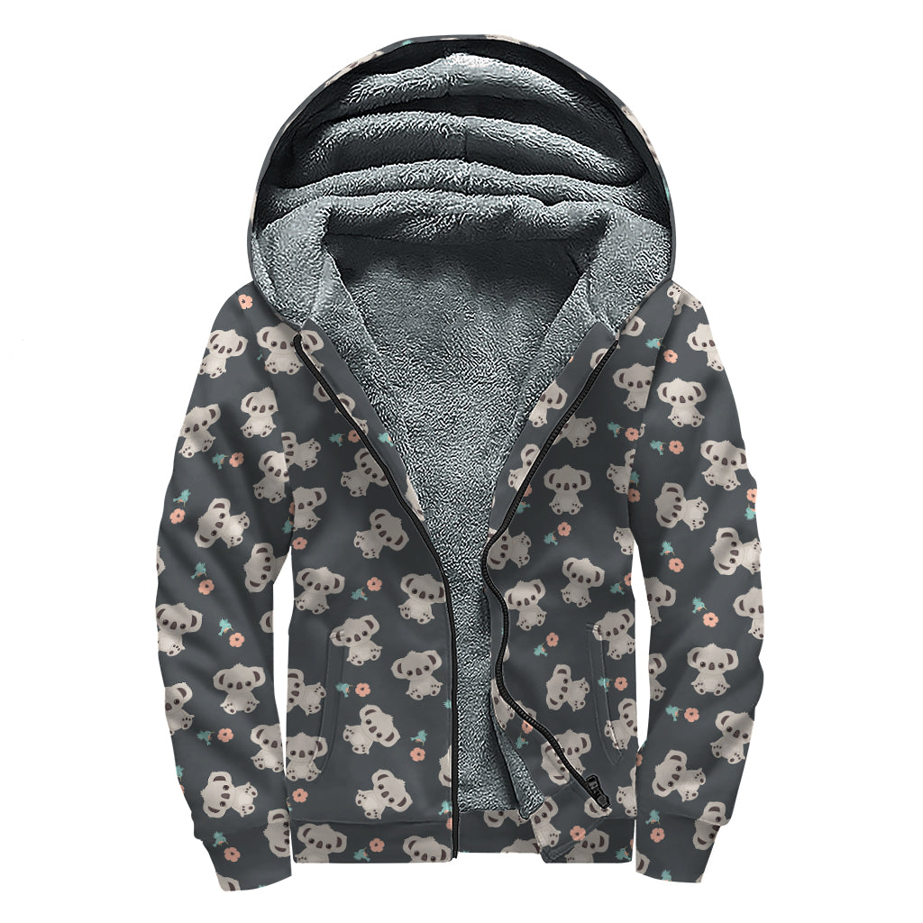 Baby Koala And Floral Pattern Print Sherpa Lined Zip Up Hoodie
