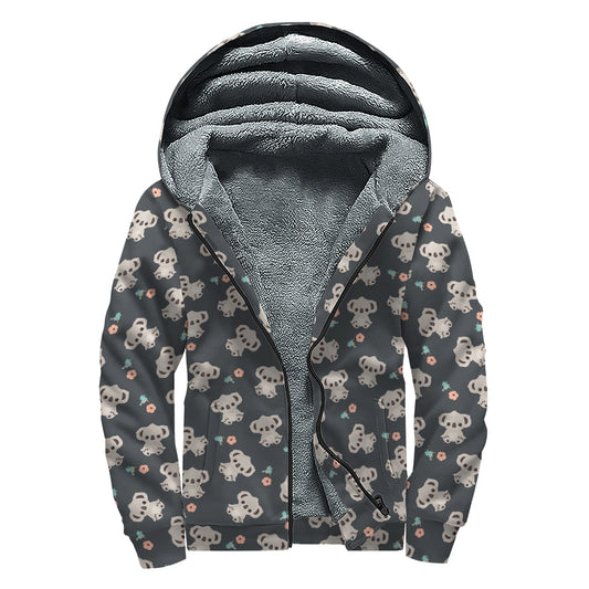 Baby Koala And Floral Pattern Print Sherpa Lined Zip Up Hoodie