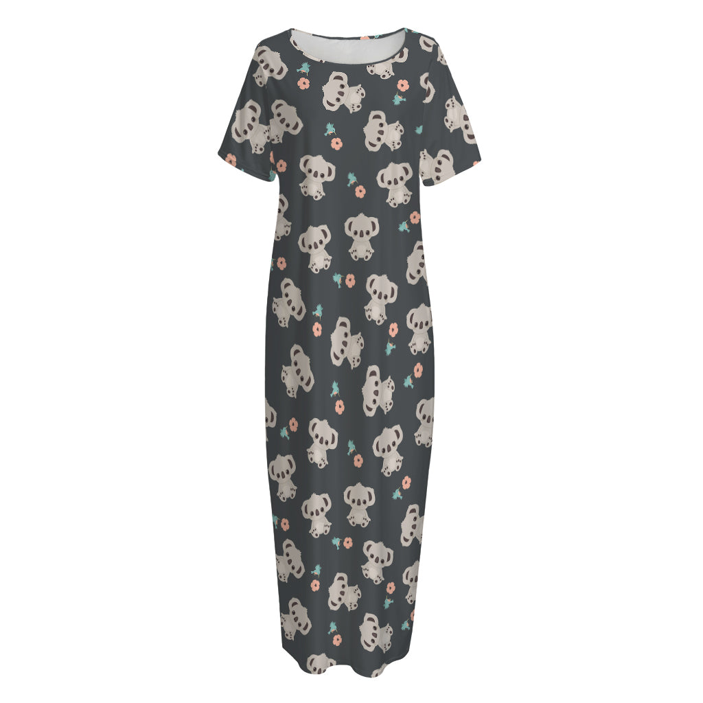 Baby Koala And Floral Pattern Print Short Sleeve Long Nightdress