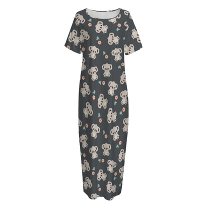 Baby Koala And Floral Pattern Print Short Sleeve Long Nightdress