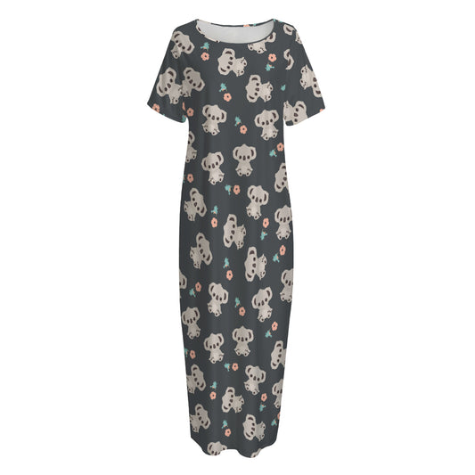 Baby Koala And Floral Pattern Print Short Sleeve Long Nightdress