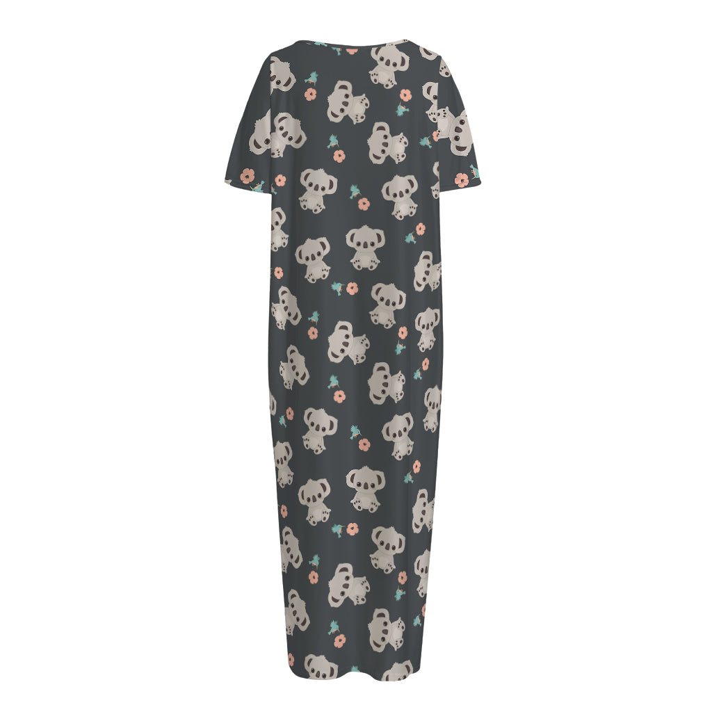Baby Koala And Floral Pattern Print Short Sleeve Long Nightdress