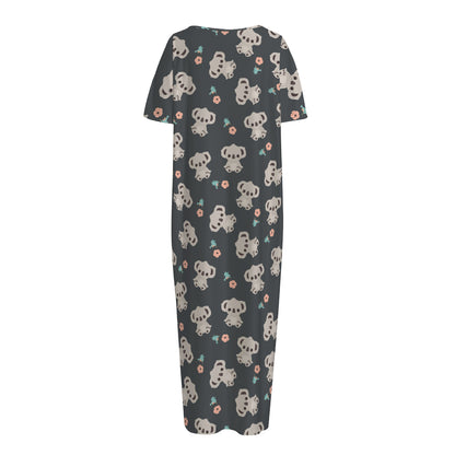 Baby Koala And Floral Pattern Print Short Sleeve Long Nightdress
