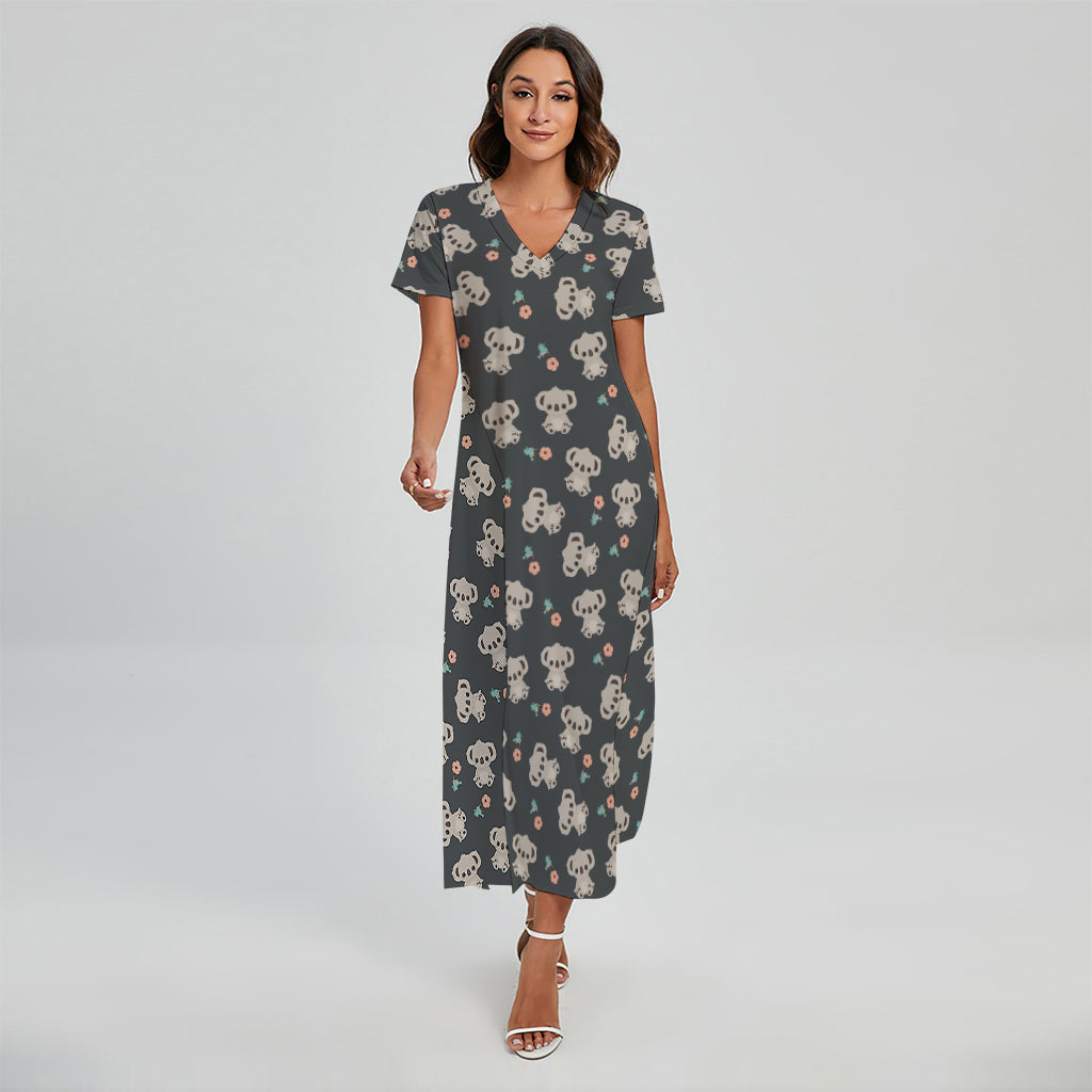 Baby Koala And Floral Pattern Print Short Sleeve Maxi Dress