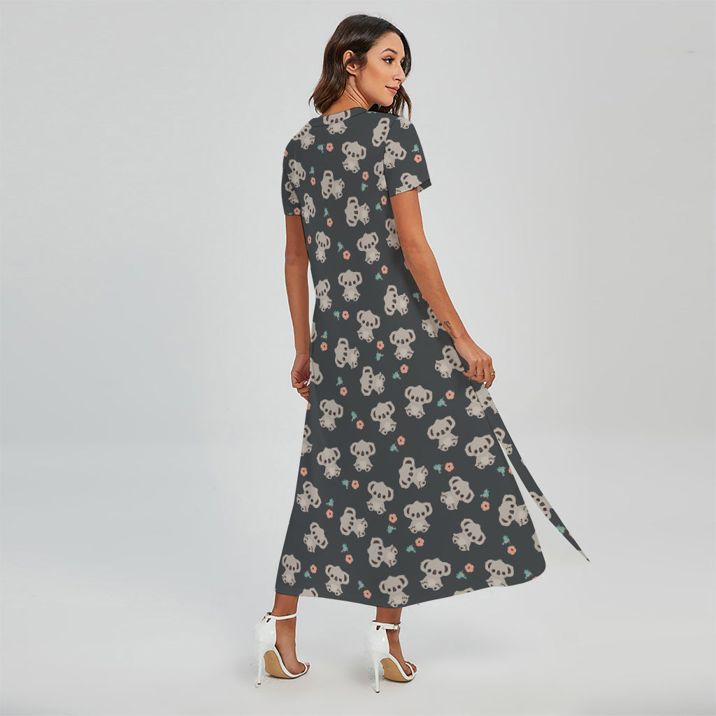 Baby Koala And Floral Pattern Print Short Sleeve Maxi Dress