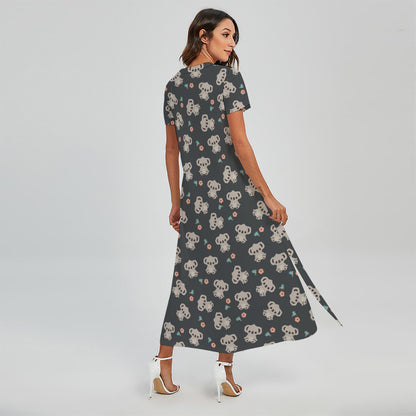 Baby Koala And Floral Pattern Print Short Sleeve Maxi Dress