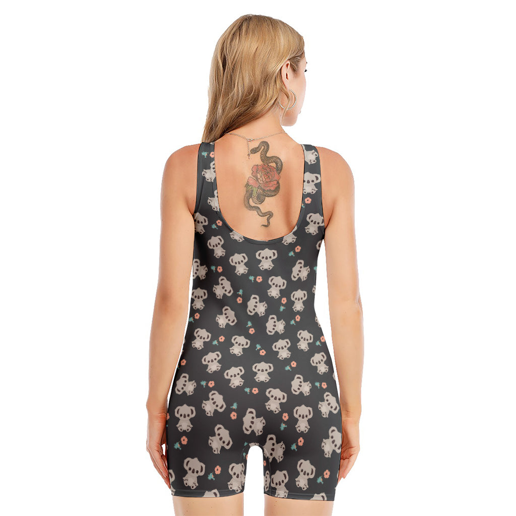 Baby Koala And Floral Pattern Print Sleeveless One Piece Swimsuit