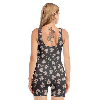Baby Koala And Floral Pattern Print Sleeveless One Piece Swimsuit