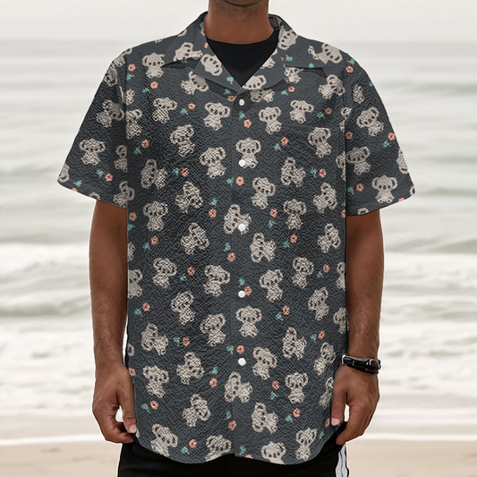 Baby Koala And Floral Pattern Print Textured Short Sleeve Shirt