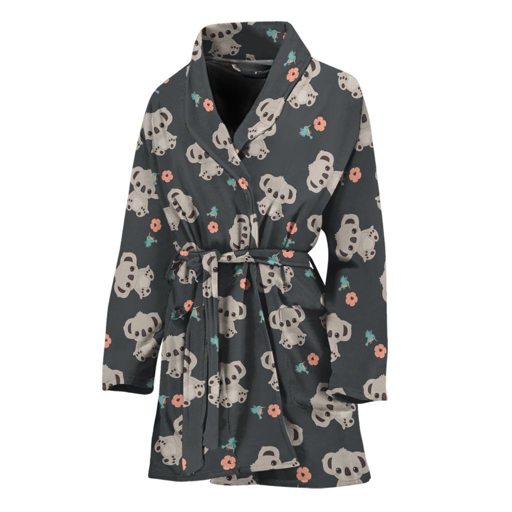 Baby Koala And Floral Pattern Print Women's Bathrobe