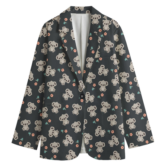 Baby Koala And Floral Pattern Print Women's Cotton Blazer