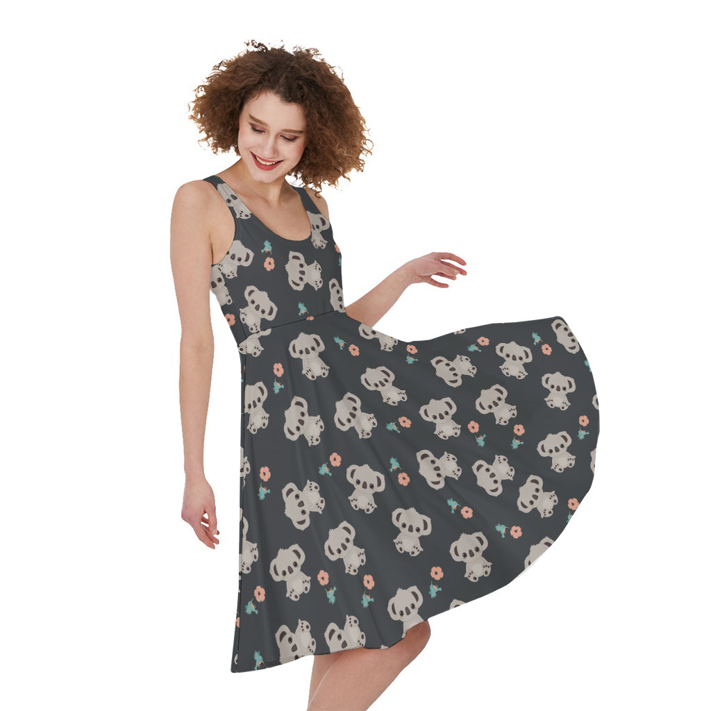 Baby Koala And Floral Pattern Print Women's Sleeveless Dress