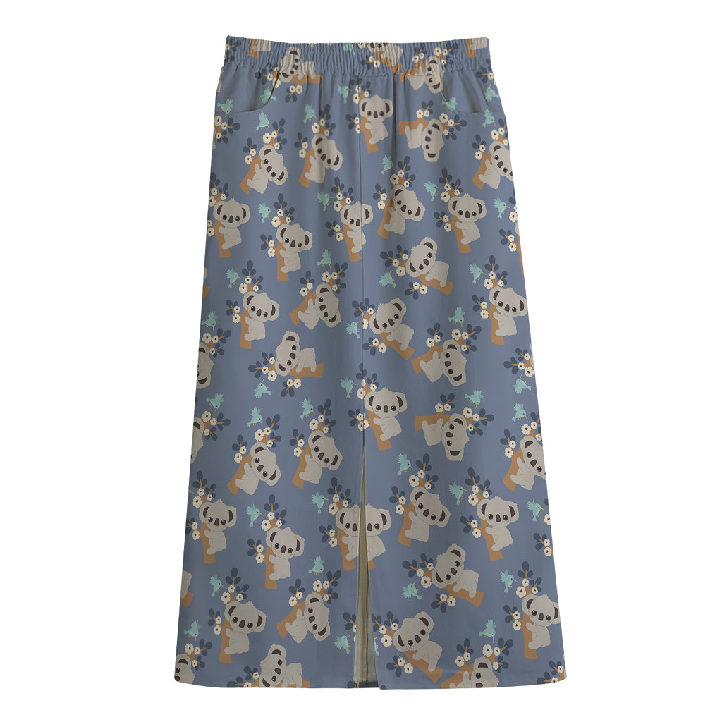 Baby Koala Pattern Print Cotton Front Slit Maxi Skirt