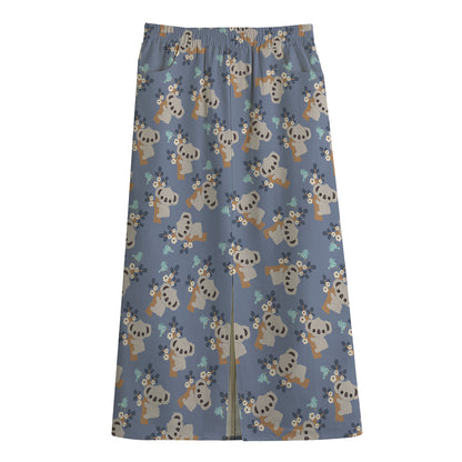 Baby Koala Pattern Print Cotton Front Slit Maxi Skirt