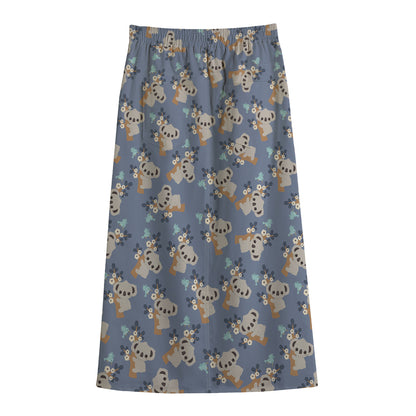 Baby Koala Pattern Print Cotton Front Slit Maxi Skirt