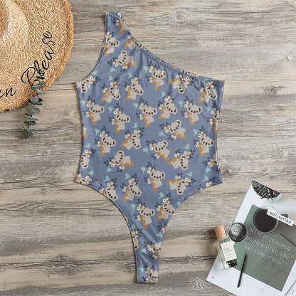 Baby Koala Pattern Print One Shoulder Bodysuit