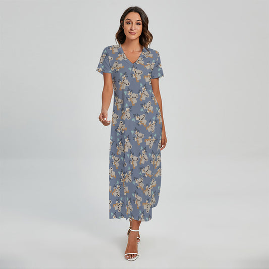 Baby Koala Pattern Print Short Sleeve Maxi Dress