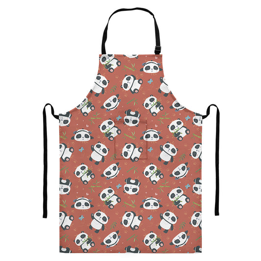 Baby Panda And Bamboo Pattern Print Bib Apron With Pocket