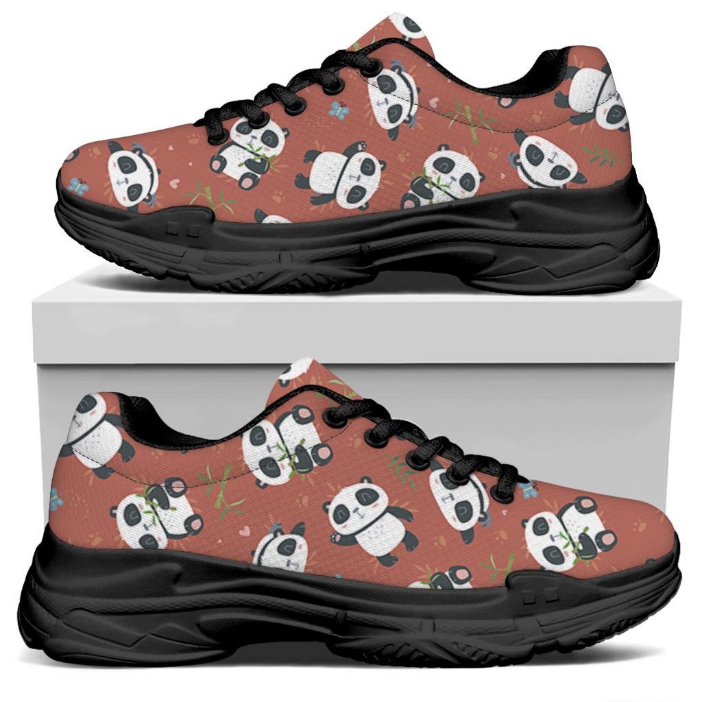 Baby Panda And Bamboo Pattern Print Black Chunky Shoes