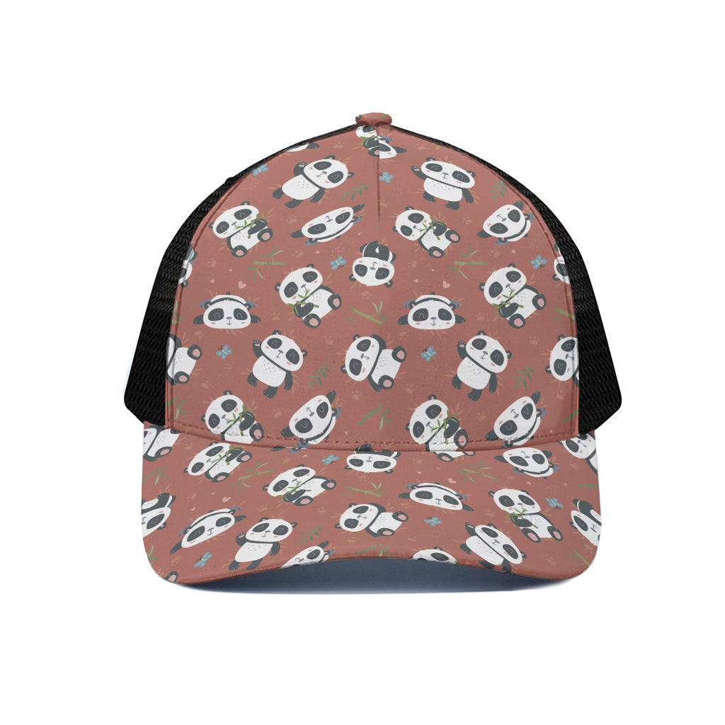 Baby Panda And Bamboo Pattern Print Black Mesh Trucker Cap