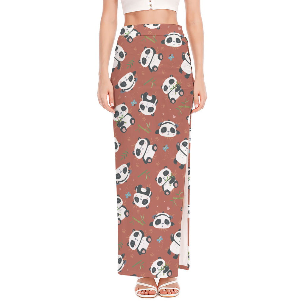 Baby Panda And Bamboo Pattern Print High Slit Maxi Skirt