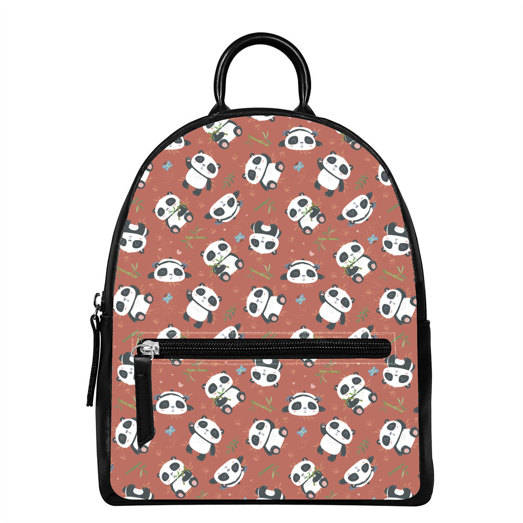 Baby Panda And Bamboo Pattern Print Leather Backpack