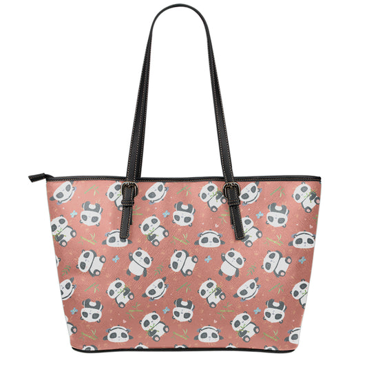 Baby Panda And Bamboo Pattern Print Leather Tote Bag