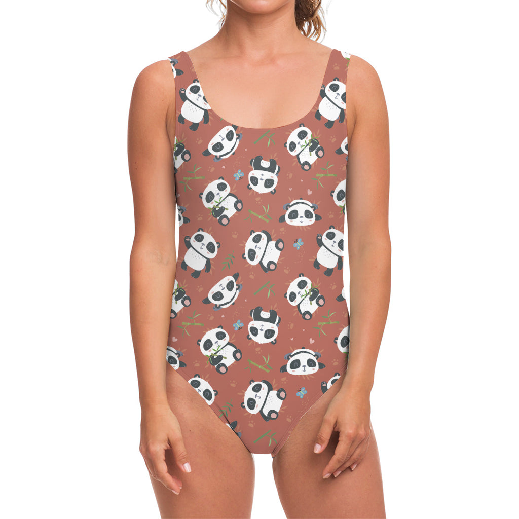 Baby Panda And Bamboo Pattern Print One Piece Swimsuit