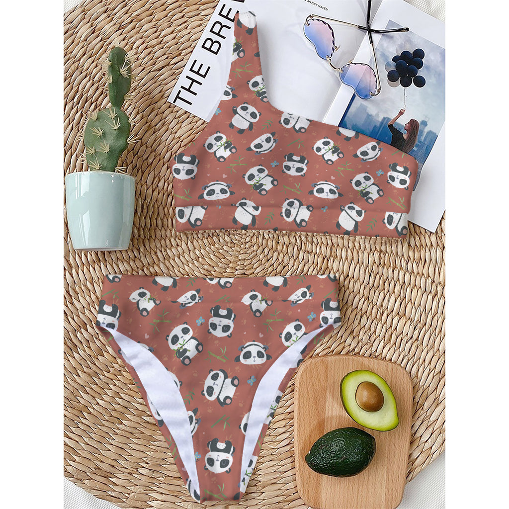 Baby Panda And Bamboo Pattern Print One Shoulder Bikini Top