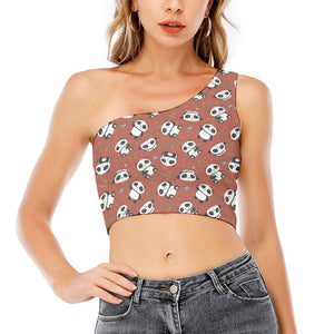 Baby Panda And Bamboo Pattern Print One Shoulder Crop Top