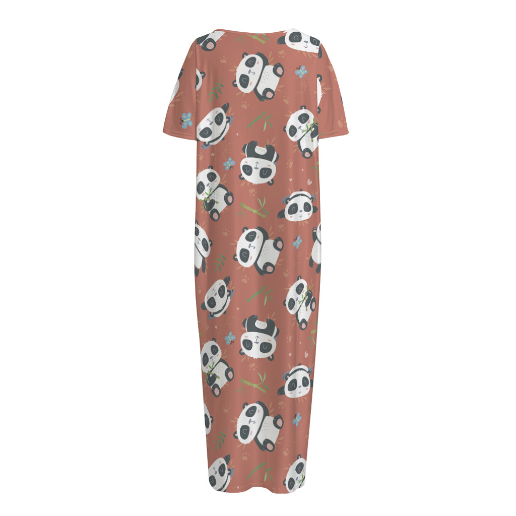 Baby Panda And Bamboo Pattern Print Short Sleeve Long Nightdress