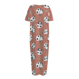 Baby Panda And Bamboo Pattern Print Short Sleeve Long Nightdress