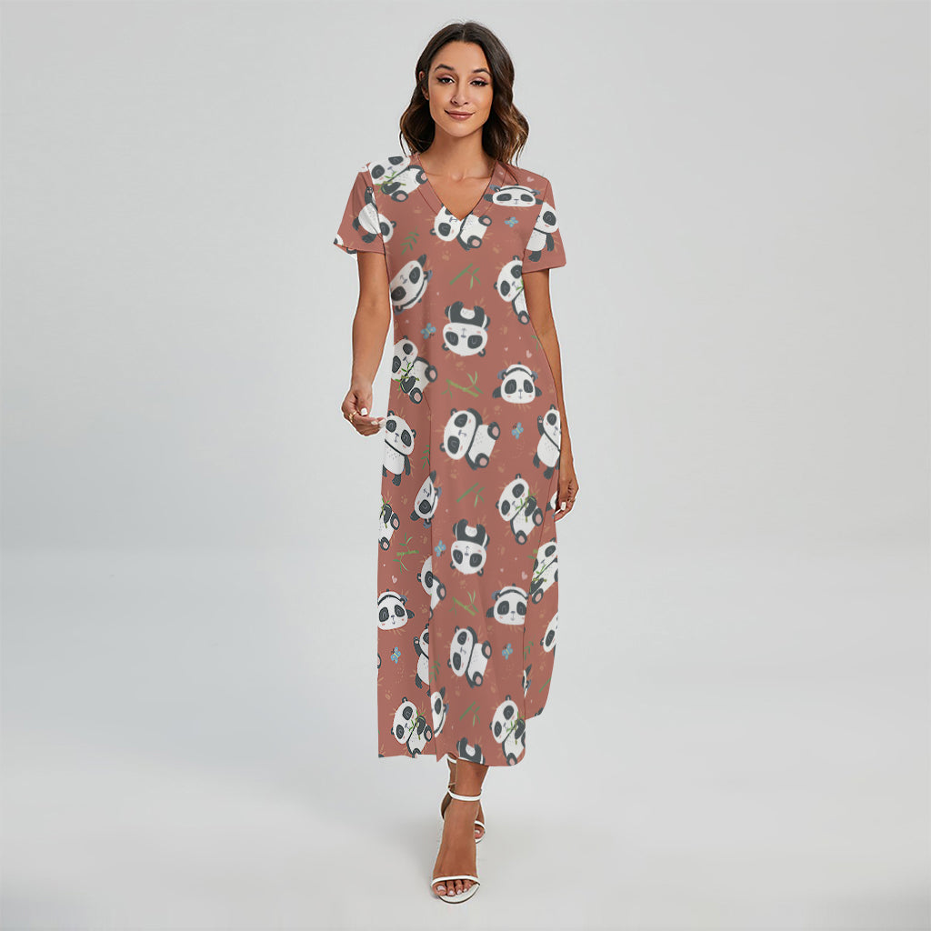 Baby Panda And Bamboo Pattern Print Short Sleeve Maxi Dress