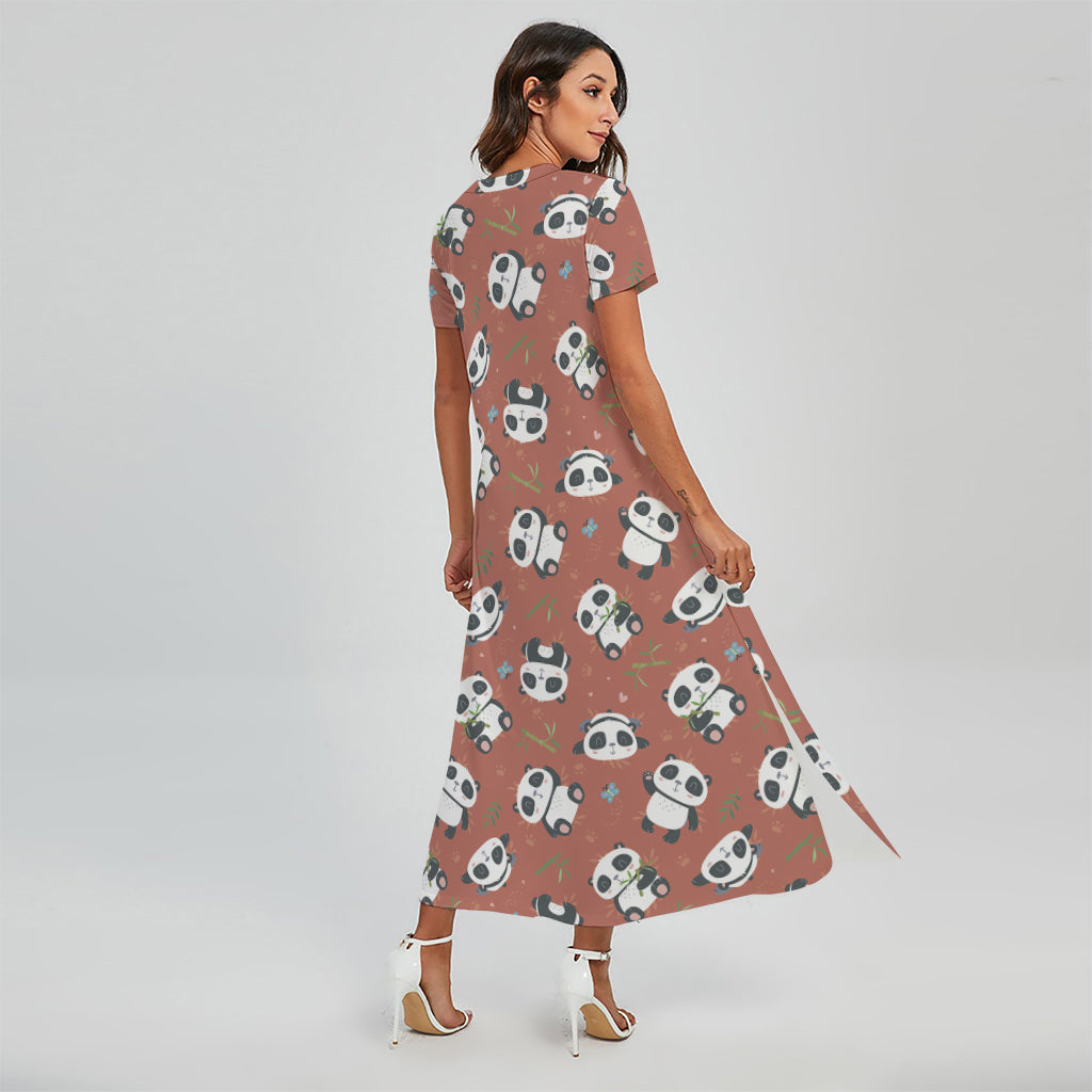 Baby Panda And Bamboo Pattern Print Short Sleeve Maxi Dress