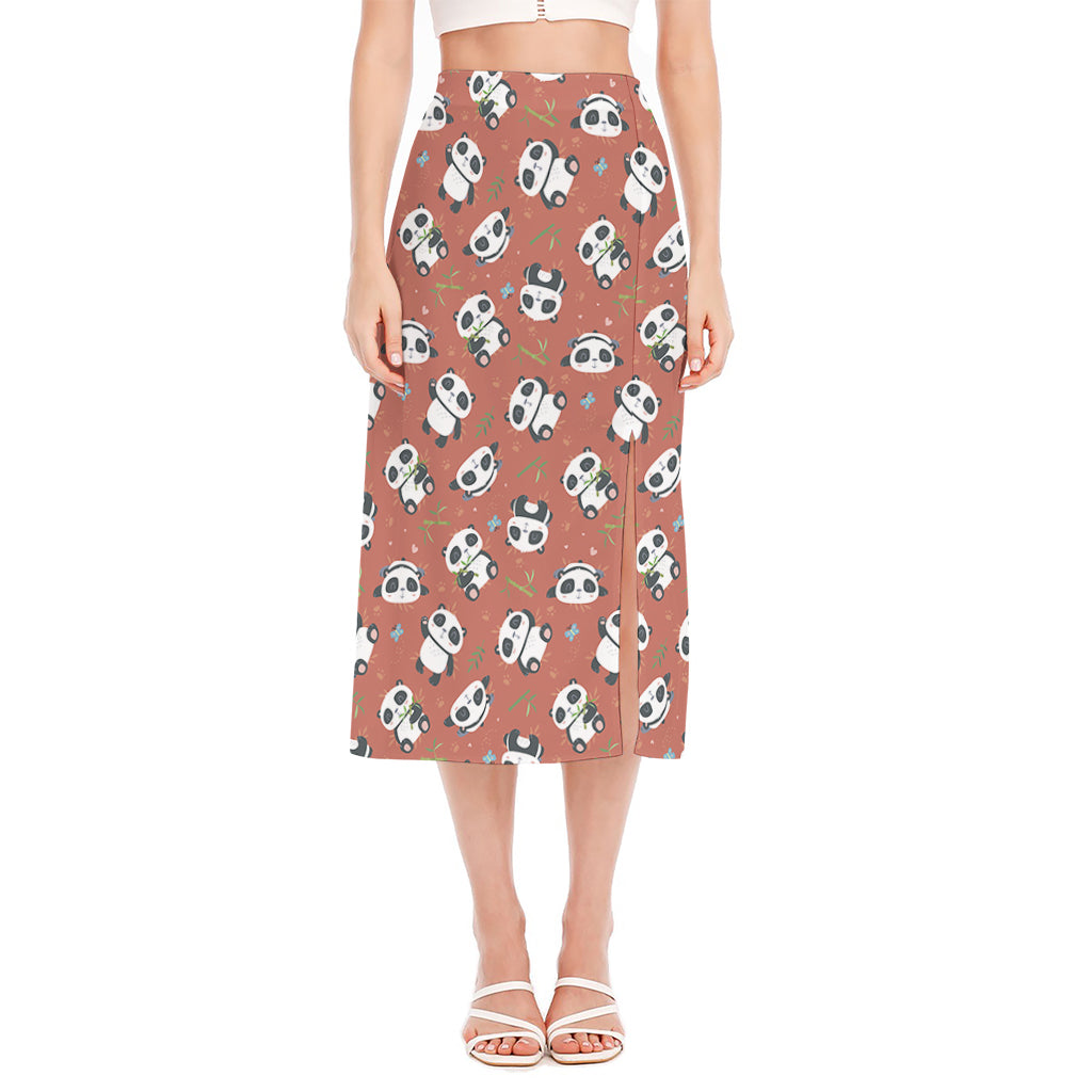 Baby Panda And Bamboo Pattern Print Side Slit Midi Skirt