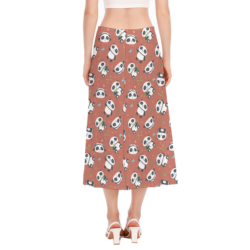 Baby Panda And Bamboo Pattern Print Side Slit Midi Skirt