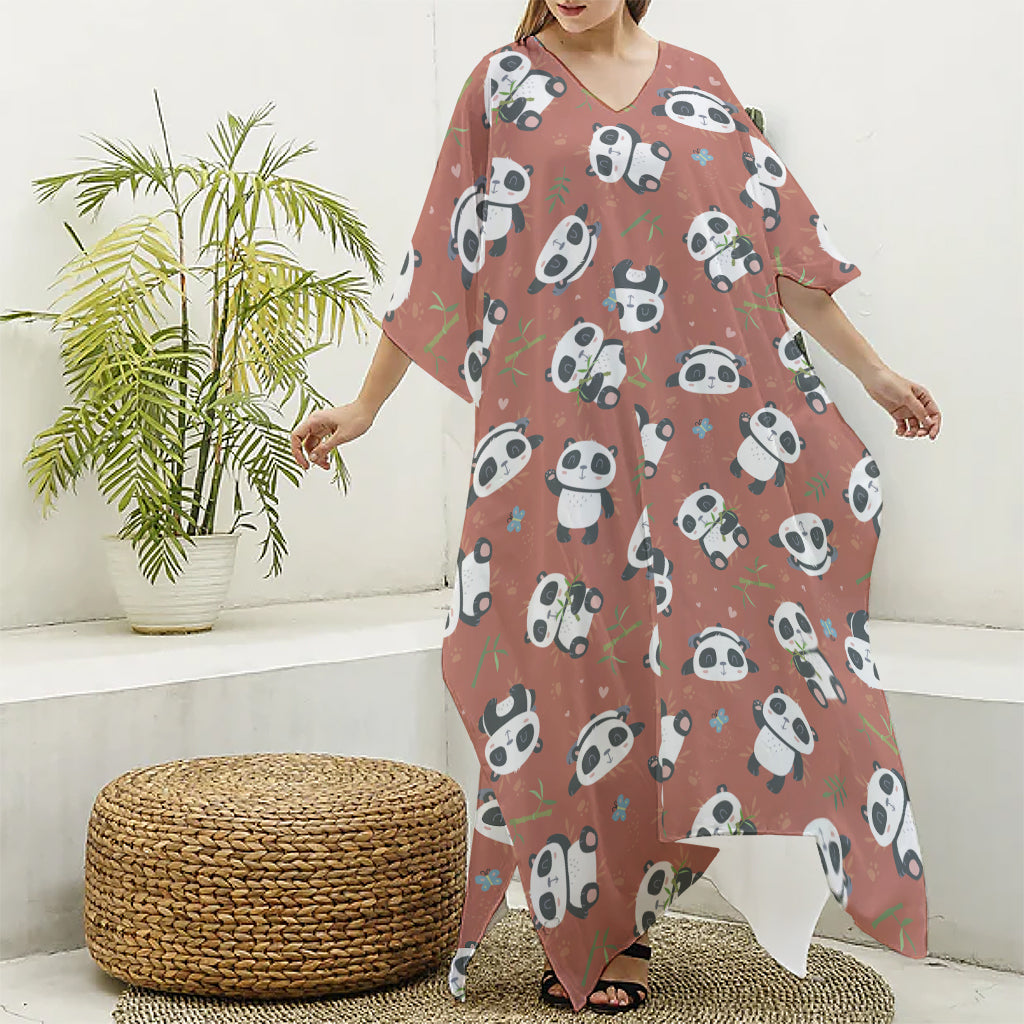 Baby Panda And Bamboo Pattern Print Silk V-Neck Kaftan Dress