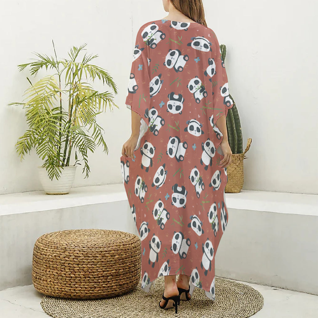 Baby Panda And Bamboo Pattern Print Silk V-Neck Kaftan Dress