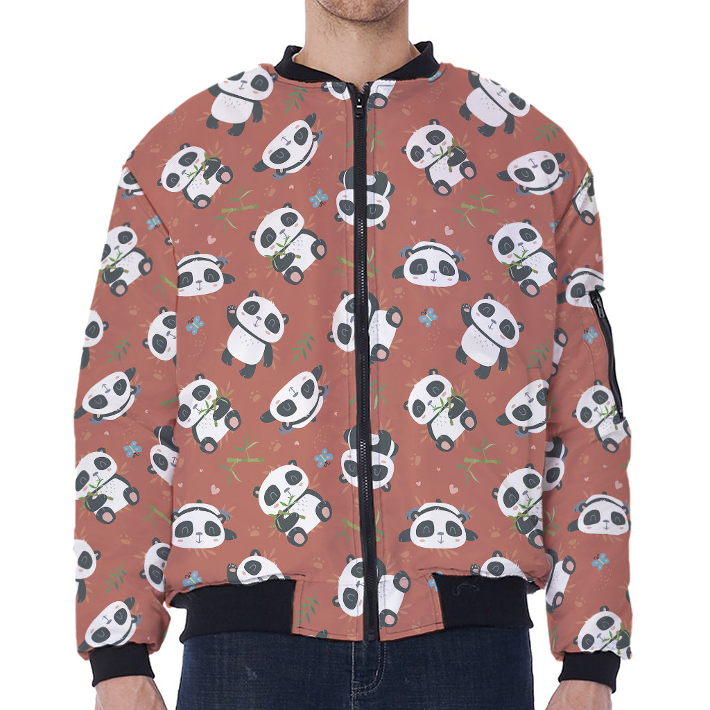 Baby Panda And Bamboo Pattern Print Zip Sleeve Bomber Jacket