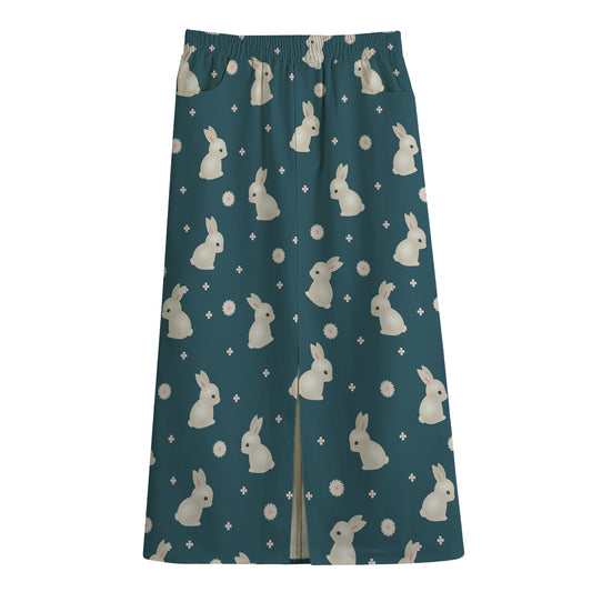 Baby Rabbit Pattern Print Cotton Front Slit Maxi Skirt