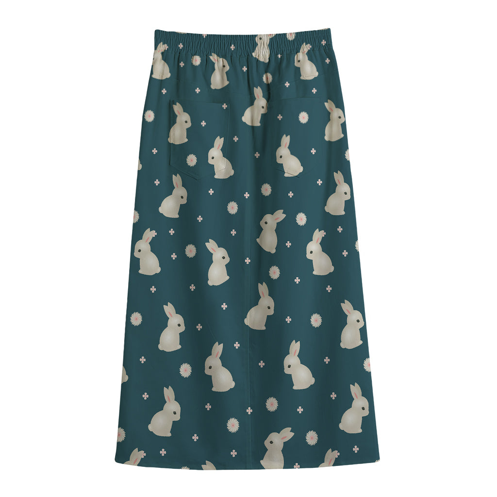 Baby Rabbit Pattern Print Cotton Front Slit Maxi Skirt