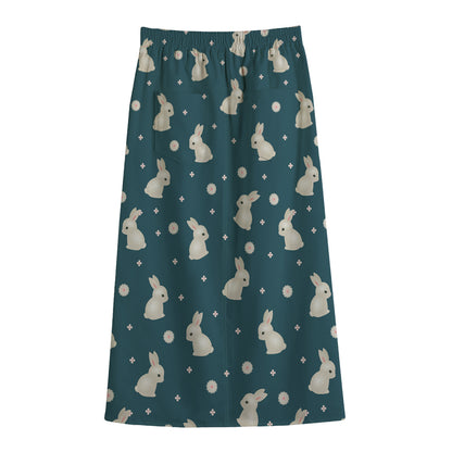 Baby Rabbit Pattern Print Cotton Front Slit Maxi Skirt