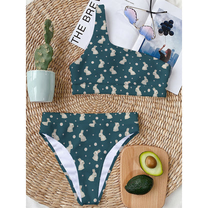Baby Rabbit Pattern Print One Shoulder Bikini Top