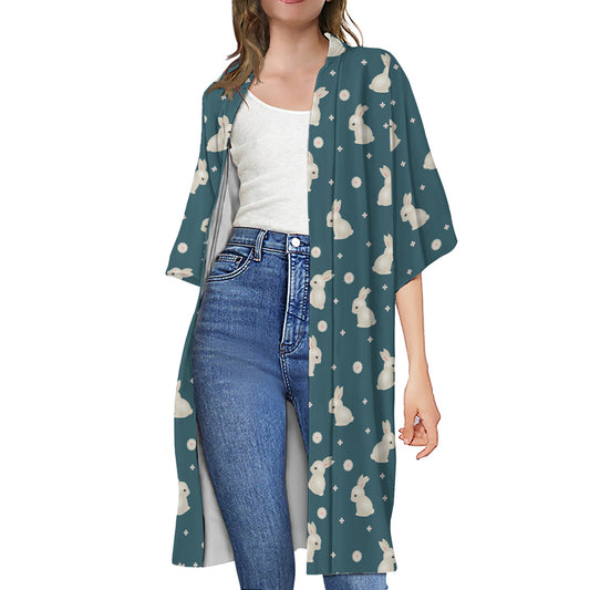 Baby Rabbit Pattern Print Open Front Beach Cover Up