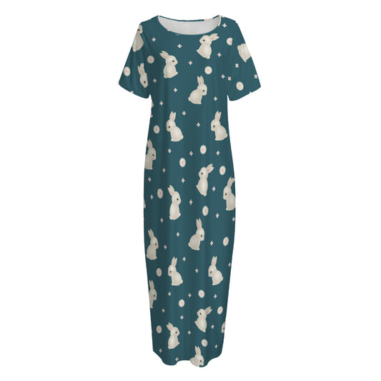 Baby Rabbit Pattern Print Short Sleeve Long Nightdress