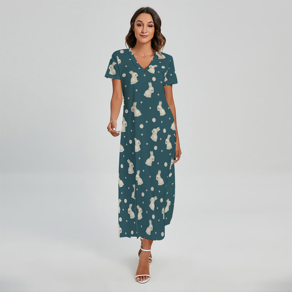 Baby Rabbit Pattern Print Short Sleeve Maxi Dress