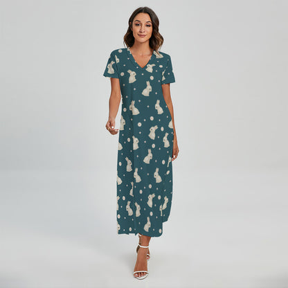 Baby Rabbit Pattern Print Short Sleeve Maxi Dress