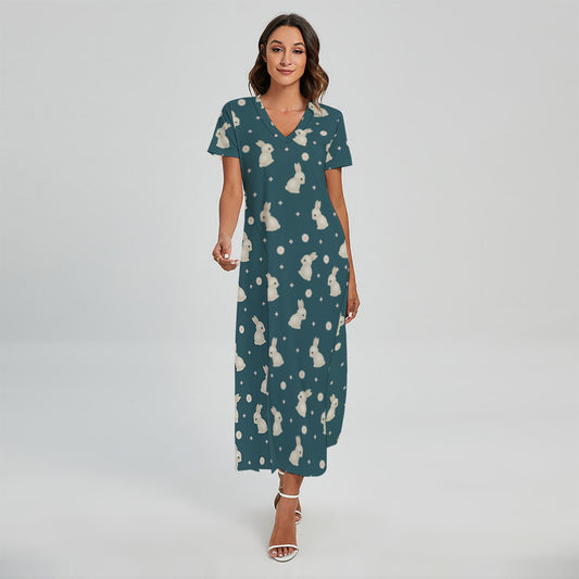 Baby Rabbit Pattern Print Short Sleeve Maxi Dress