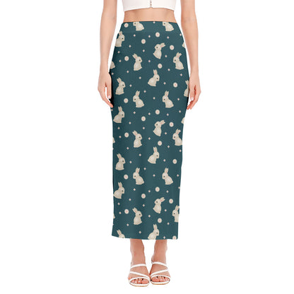 Baby Rabbit Pattern Print Side Slit Maxi Skirt