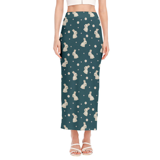 Baby Rabbit Pattern Print Side Slit Maxi Skirt
